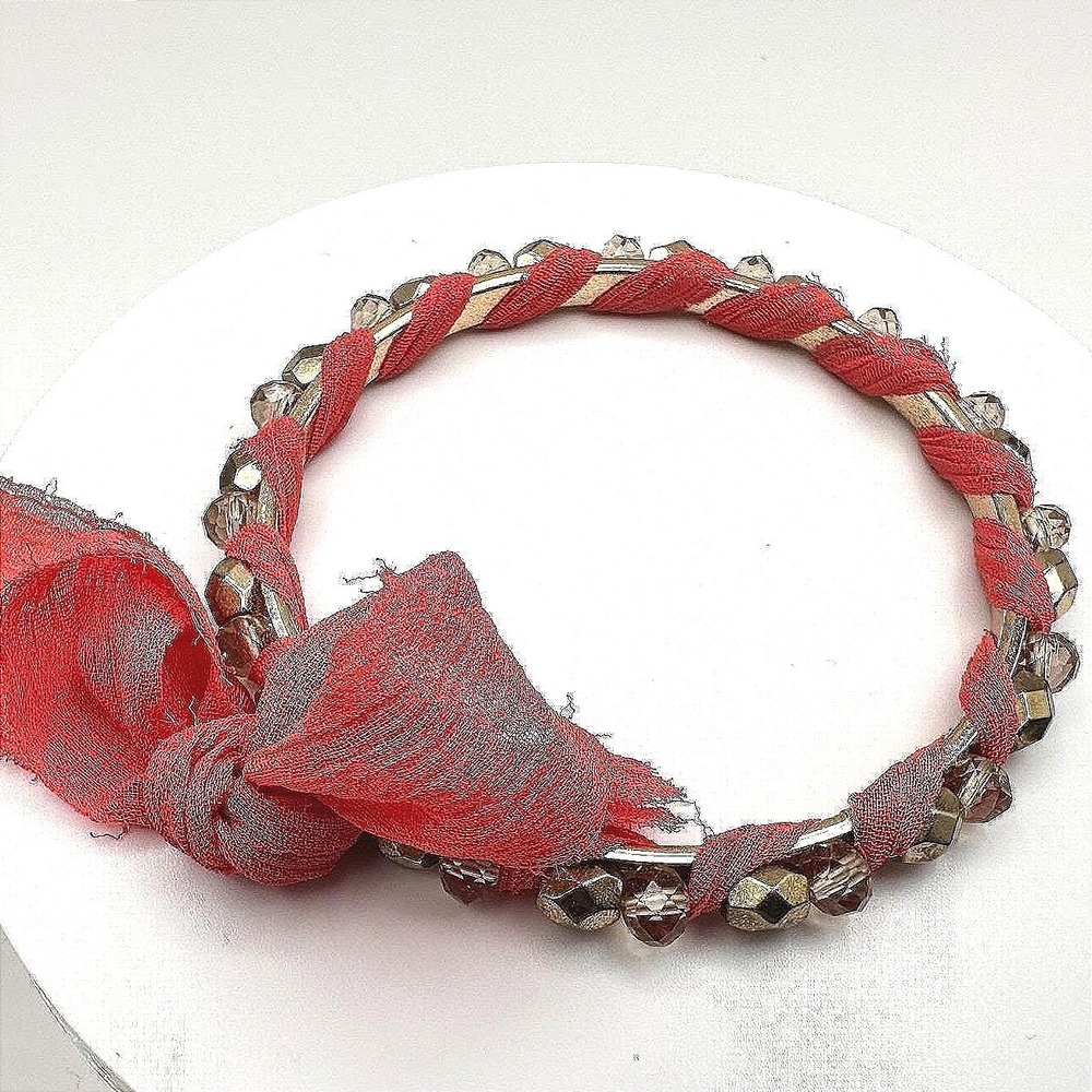Vintage 90s Boho‎ Coral Red Fabric Wrapped Bracelet Gold Tone Beaded Statement